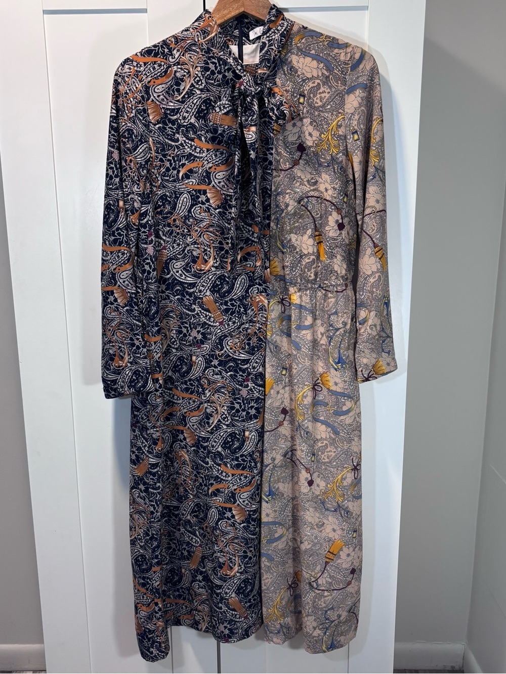 The Collective L Mixed Paisley Colorblock Tie Neck Long Sleeve Midi Dress
